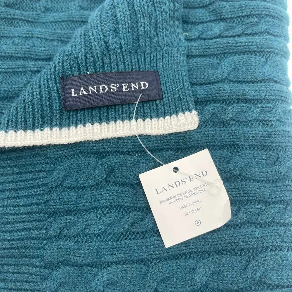 LANDS END Scarf NWT Teal NWT Wool Blend Winter Cable Knit Stripe Preppy Prep